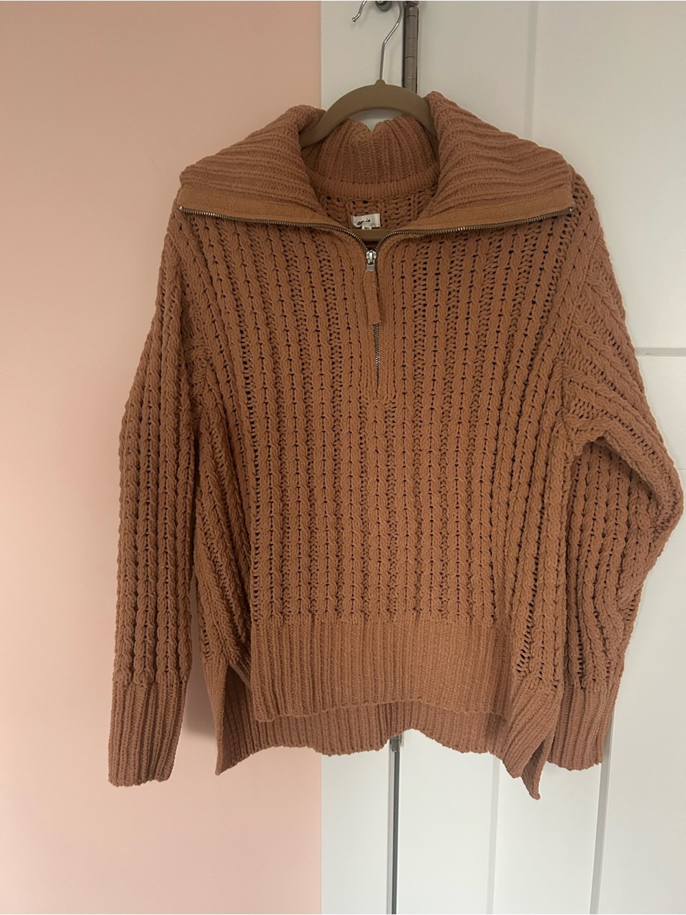 Aerie Rib-Knit Half-Zip Sweater in Camel
